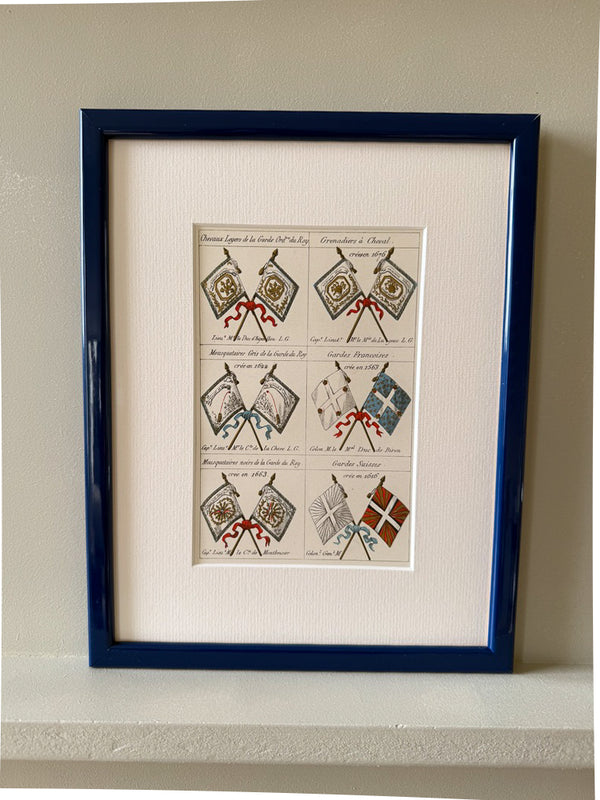 Fifteen French heraldic flags framed in royal blue
